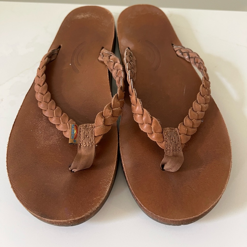 Rainbow Brown Leather Sandals with Braided Straps sz small EUC